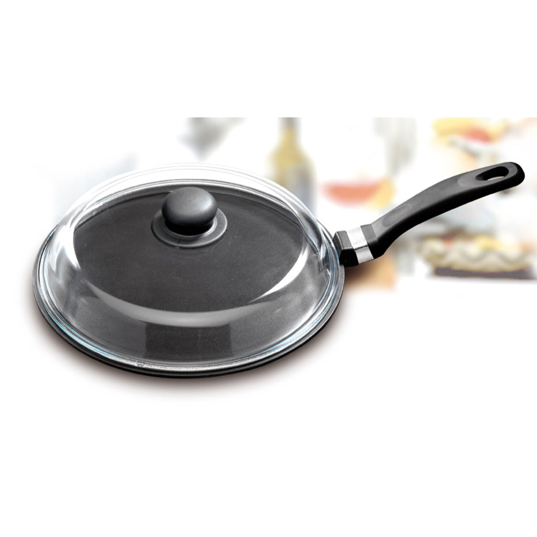 Olympia Supreme Die-Cast Aluminium Nonstick Crepe Pan with Lid, 11.8-Inches